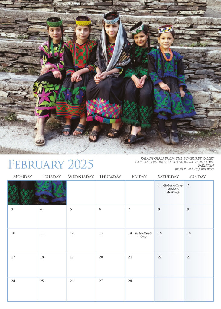 February 2025 – Kalash Girls from the Bumburet Valley, Chitral District of Khyber-Pakhtunkhwa, Pakistan, by Rosemary J. Brown.